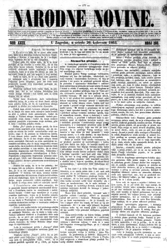 Narodne novine : 29,193(1863) / odgovorni urednik Ljudevit Gaj.
