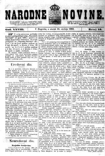 Narodne novine : 28,16(1862) / odgovorni urednik Dimitrije Demeter.