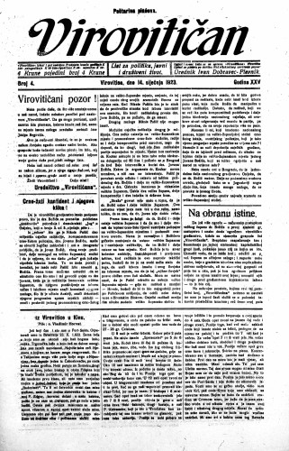 Virovitičan : list za politiku, javni i društveni život : 25,4(1923) / odgovorni urednik Ivan Dobravec-Plevnik.