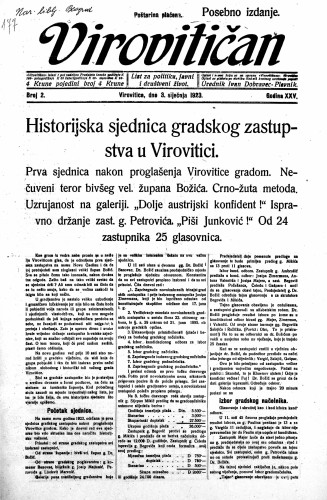 Virovitičan : list za politiku, javni i društveni život : 25,2(1923) / odgovorni urednik Ivan Dobravec-Plevnik.