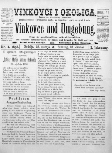 Vinkovce und Umgebung : Organ für gesellschaftliche, volkswirthschaftliche und culturelle Volksinteressen, für Handel und Gewerbe für Stadt und Land : 2,4(1898) / verantwortlicher Redakteur M. Hirschberger.