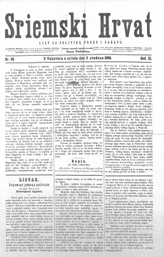 Sriemski Hrvat : list za politiku, pouku i zabavu : 9,88(1886) / odgovorni urednik Fran Večerina.