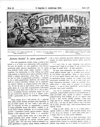 Gospodarski list : organ hrv.-slav. gospodarskoga družtva : 54,21(1906) / uredjuje u ime upravlj. odbora gospod. družtva Milan Krištof.