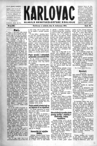 Karlovac : glasilo Hrvatsko-srpske koalicije : 3,125(1914) / odgovorni urednik Oskar Mohr.