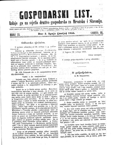 Gospodarski list : 3,23(1855) / odgovorni urednik Lj. Vukotinović.