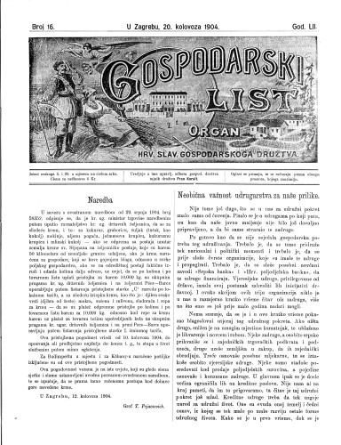 Gospodarski list : organ hrv. slav. gospodarskoga družtva : 52,16(1904) / uredjuje u ime upravlj. odbora gospod. družtva tajnik družtva Fran Kuralt.