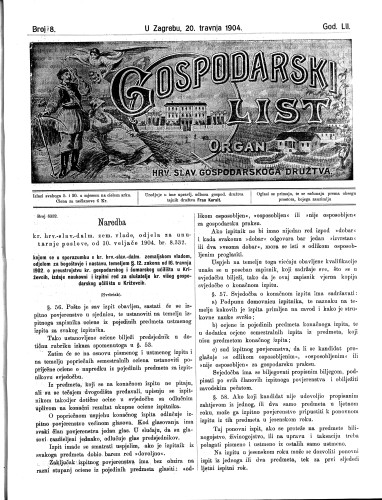 Gospodarski list : organ hrv. slav. gospodarskoga družtva : 52,8(1904) / uredjuje u ime upravlj. odbora gospod. družtva tajnik družtva Fran Kuralt.