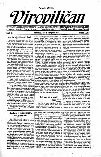 Virovitičan : list za politiku, javni i društveni život : 24,41(1922) / odgovorni urednik Ivan Dobravec-Plevnik.