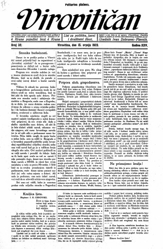 Virovitičan : list za politiku, javni i društveni život : 25,32(1923) / odgovorni urednik Ivan Dobravec-Plevnik.