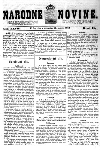 Narodne novine : 28,18(1862) / odgovorni urednik Dimitrije Demeter.