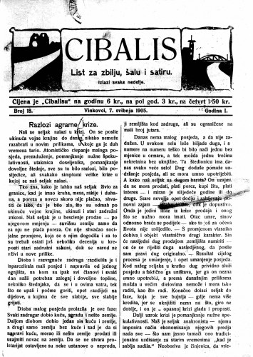 Cibalis : list za zbilju, šalu i satiru : 1,18(1905) / odgovorni urednik Anton Rott.