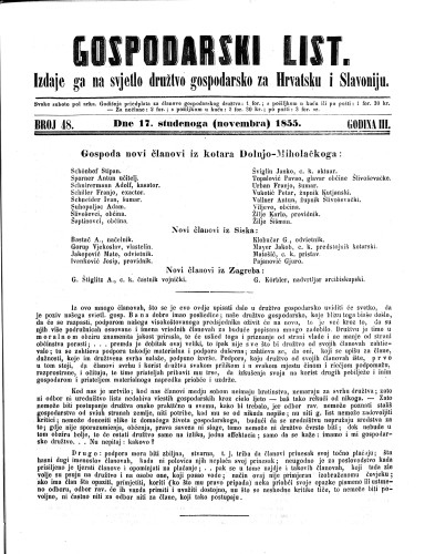 Gospodarski list : 3,48(1855) / odgovorni urednik Lj. Vukotinović.