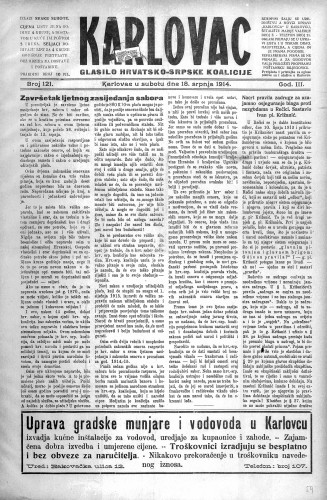 Karlovac : glasilo Hrvatsko-srpske koalicije : 3,121(1914) / odgovorni urednik Ivo Badovinac.