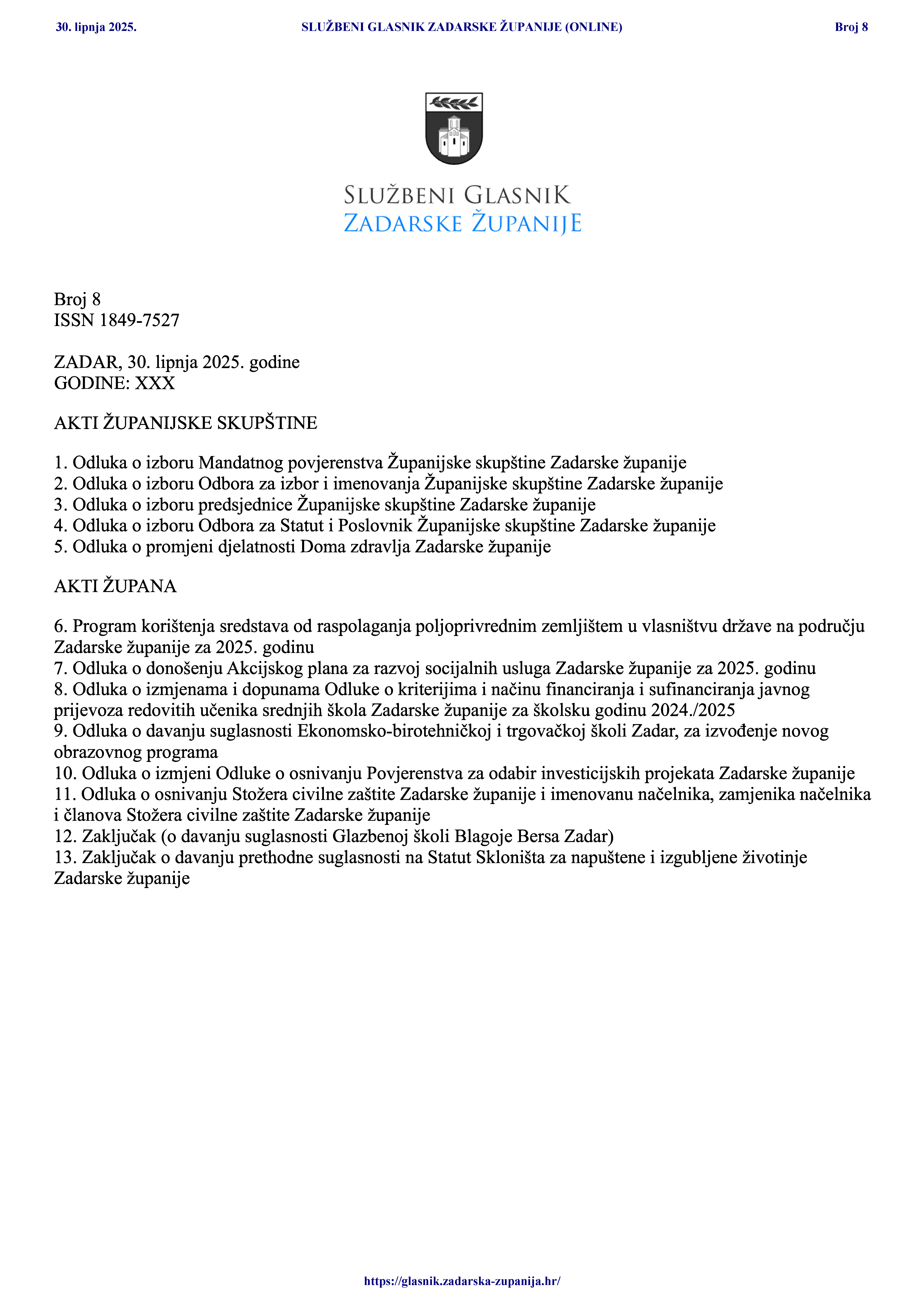 Službeni glasnik Zadarske županije : 32,8(2025) 