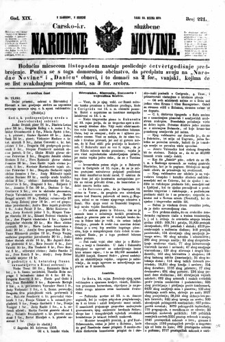 Carsko-kr. službene narodne novine : 19,221(1853) / učrednik Dr. Ljudevit Gaj.