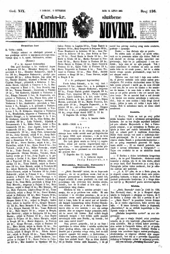 Carsko-kr. službene narodne novine : 19,136(1853) / učrednik Dr. Ljudevit Gaj.
