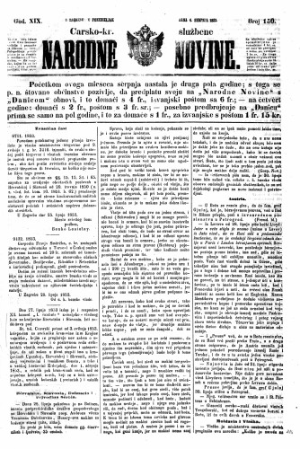 Carsko-kr. službene narodne novine : 19,150(1853) / učrednik Dr. Ljudevit Gaj.