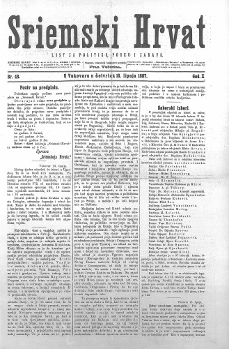 Sriemski Hrvat : list za politiku, pouku i zabavu : 10,48(1887) / odgovorni urednik Fran Večerina.