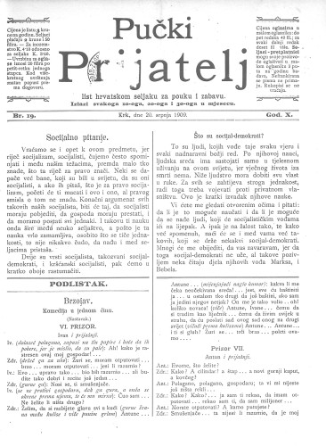 Pučki prijatelj : list hrvatskom seljaku za pouku i zabavu : 10,19(1909) / za uredništvo odgovara Miho Brusić.