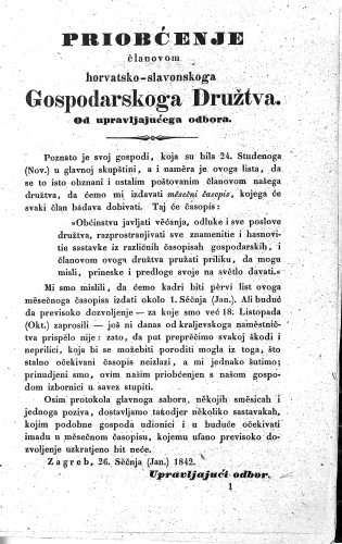 List mesečni Horvatsko-slavonskoga gospodarskoga družtva : 1,1(1842) / uredjivan po upravljajućem odboru.