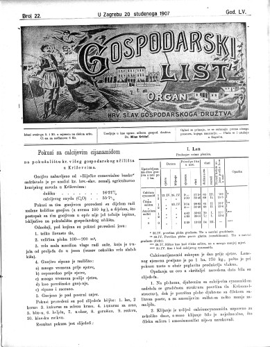Gospodarski list : organ hrv.-slav. gospodarskoga družtva : 55,22(1907) / uredjuje u ime upravlj. odbora gospod. družtva Milan Krištof.