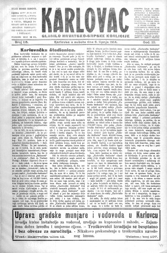 Karlovac : glasilo Hrvatsko-srpske koalicije : 3,115(1914) / odgovorni urednik Ivo Badovinac.