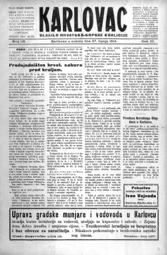 Karlovac : glasilo Hrvatsko-srpske koalicije : 3,118(1914) / odgovorni urednik Ivo Badovinac.