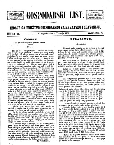 Gospodarski list : 5,15(1857) / odgovorni urednik Lj. Vukotinović.