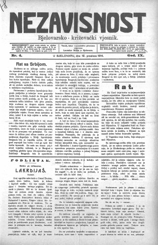 Nezavisnost : bjelovarsko-križevački vjesnik : 9,4(1914) / urednik Lavoslav Weiss.