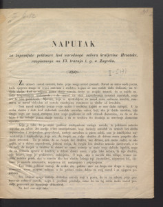 Naputak za županijske poklisare kod narodnoga sabora Kraljevine Hrvatske, razpisanoga na 13. travnja t. g. u Zagrebu. 