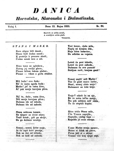 Danica horvatska, slavonska i dalmatinska : 1,36(1835) / redaktor Ljudevit Gaj.