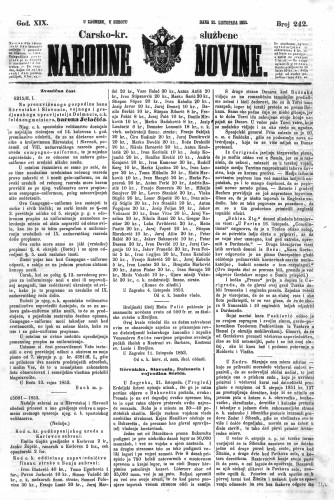 Carsko-kr. službene narodne novine : 19,242(1853) / učrednik Dr. Ljudevit Gaj.
