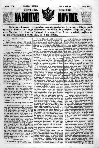 Carsko-kr. službene narodne novine : 19,217(1853) / učrednik Dr. Ljudevit Gaj.