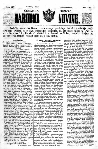 Carsko-kr. službene narodne novine : 19,223(1853) / učrednik Dr. Ljudevit Gaj.