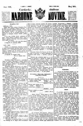 Carsko-kr. službene narodne novine : 19,201(1853) / učrednik Dr. Ljudevit Gaj.