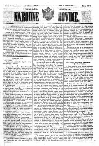 Carsko-kr. službene narodne novine : 19,192(1853) / učrednik Dr. Ljudevit Gaj.