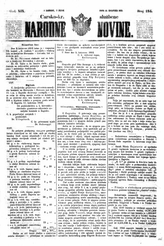 Carsko-kr. službene narodne novine : 19,184(1853) / učrednik Dr. Ljudevit Gaj.