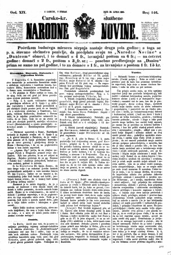 Carsko-kr. službene narodne novine : 19,146(1853) / učrednik Dr. Ljudevit Gaj.