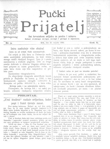 Pučki prijatelj : list hrvatskom seljaku za pouku i zabavu : 10,5(1909) / za uredništvo odgovara Miho Brusić.