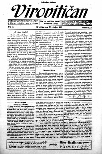 Virovitičan : list za politiku, javni i društveni život : 25,15(1923) / odgovorni urednik Ivan Dobravec-Plevnik.