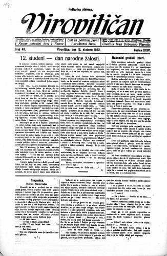 Virovitičan : list za politiku, javni i društveni život : 24,48(1922) / odgovorni urednik Ivan Dobravec-Plevnik.