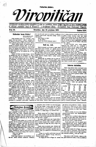 Virovitičan : list za politiku, javni i društveni život : 24,54(1922) / odgovorni urednik Ivan Dobravec-Plevnik.