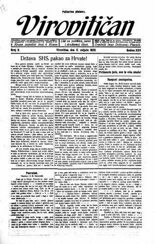 Virovitičan : list za politiku, javni i društveni život : 25,8(1923) / odgovorni urednik Ivan Dobravec-Plevnik.