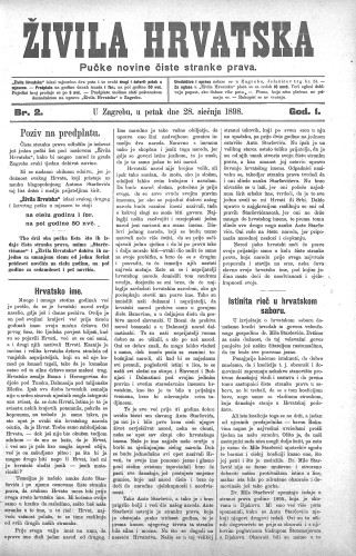 Živila Hrvatska : pučke novine čiste stranke prava : 1,2(1898) / odgovorni urednik Josip Zoček.