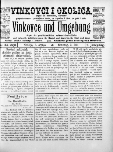 Vinkovce und Umgebung : Organ für gesellschaftliche, volkswirthschaftliche und culturelle Volksinteressen, für Handel und Gewerbe für Stadt und Land : 2,34(1898) / verantwortlicher Redakteur M. Hirschberger.
