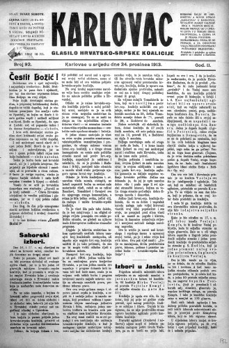 Karlovac : glasilo Hrvatsko-srpske koalicije : 2,92(1913) / odgovorni urednik Ivo Badovinac.