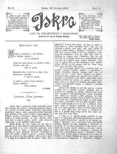 Iskra : list za književnost i umjetnost : 2,2(1892) / odgovorni urednik Nikola Šimić.