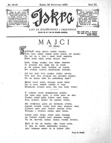 Iskra : list za književnost i umjetnost : 3,15-16(1893) / odgovorni urednik Nikola Šimić.