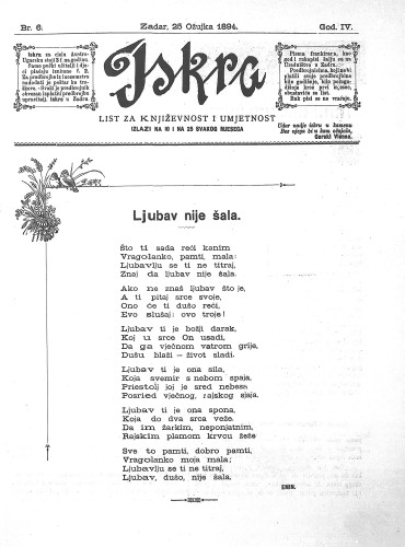 Iskra : list za književnost i umjetnost : 4,6(1894) / odgovorni urednik Nikola Šimić.