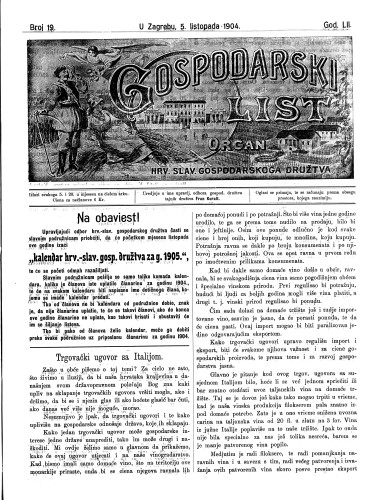 Gospodarski list : organ hrv. slav. gospodarskoga družtva : 52,19(1904) / uredjuje u ime upravlj. odbora gospod. družtva tajnik družtva Fran Kuralt.